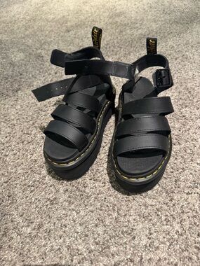 Dr. Martens Black Leather Platform Strappy Sandals with Yellow Stitching